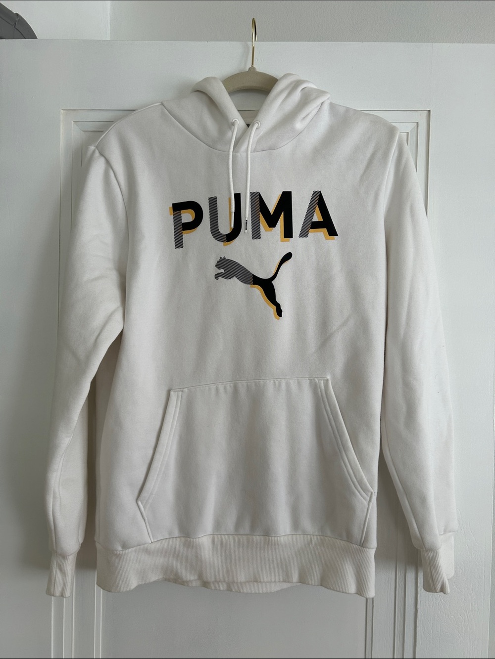 Puma Men’s White Crewneck Hoodie with Black & Gold Logo